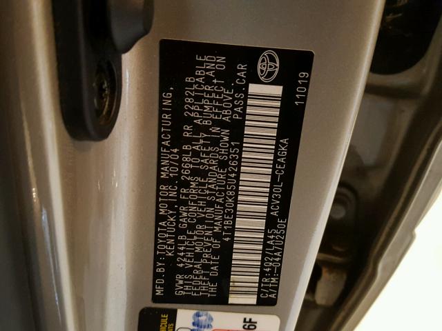 4T1BE30K85U426351 - 2005 TOYOTA CAMRY LE 金色 照片 10