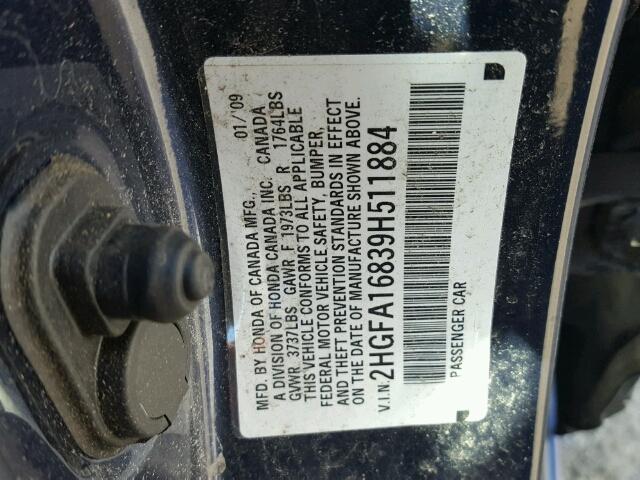 2HGFA16839H511884 - 2009 HONDA CIVIC EX 蓝色 照片 10