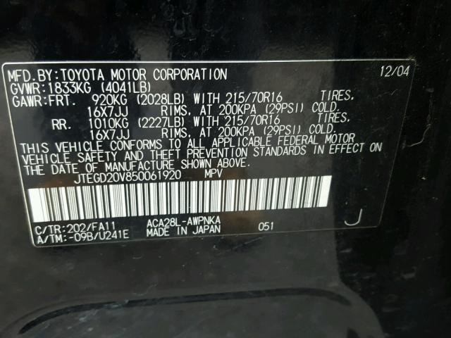 JTEGD20V850061920 - 2005 TOYOTA RAV4 BLACK photo 10