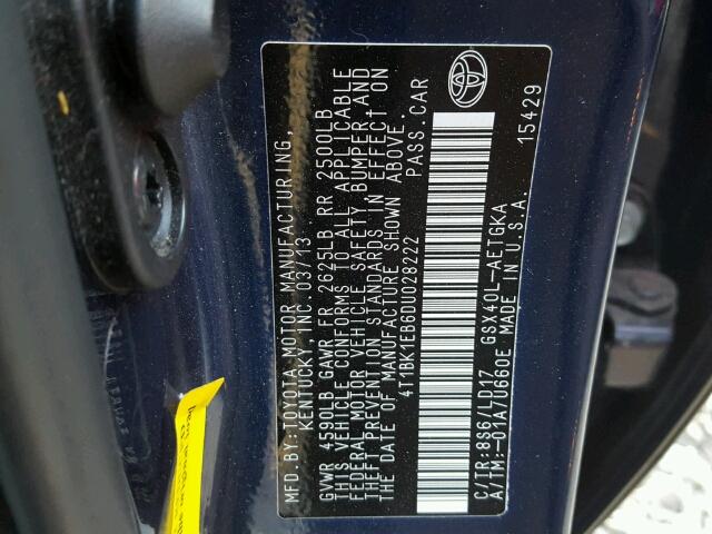 4T1BK1EB6DU028222 - 2013 TOYOTA AVALON BAS Mavi fotoğraf 10