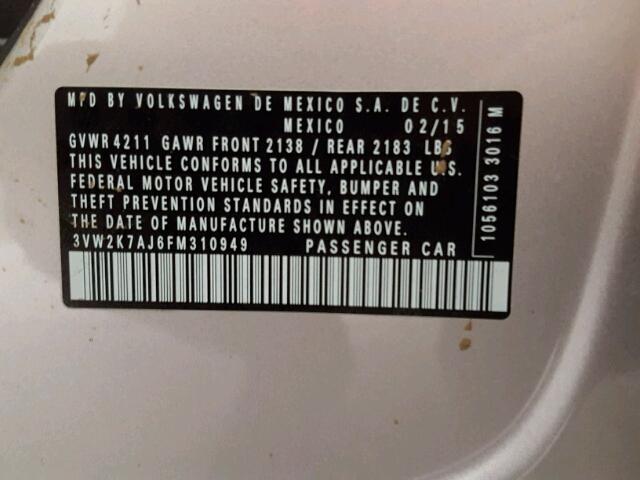3VW2K7AJ6FM310949 - 2015 VOLKSWAGEN JETTA BASE 银色 照片 10