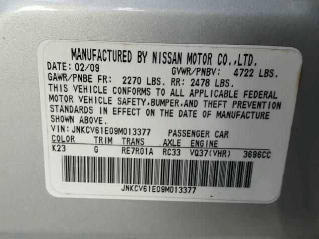 JNKCV61E09M013377 - 2009 INFINITI G37 BASE SILVER photo 10