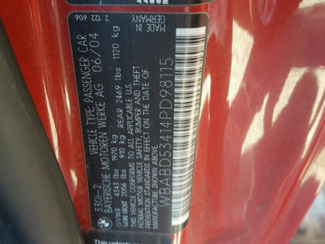 WBABD53414PD98115 - 2004 BMW 330 RED photo 10