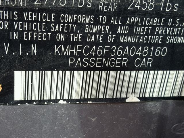 KMHFC46F36A048160 - 2006 HYUNDAI AZERA SE GRAY photo 10