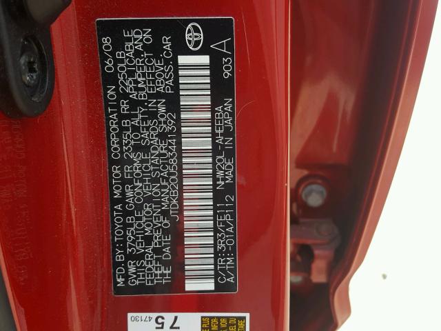 JTDKB20U583441392 - 2008 TOYOTA PRIUS RED photo 10