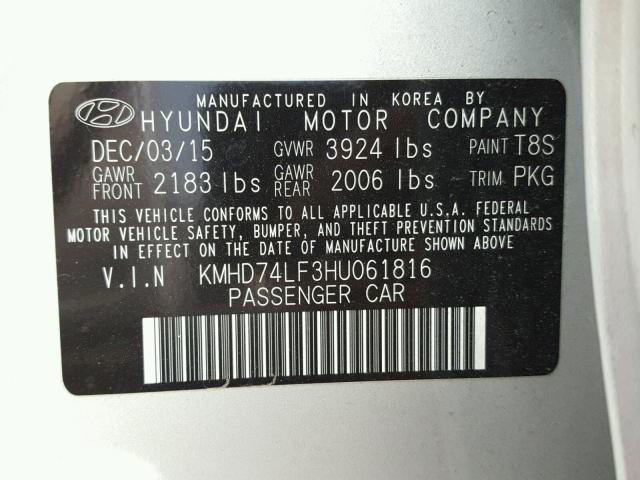 KMHD74LF3HU061816 - 2017 HYUNDAI ELANTRA SE SILVER photo 10