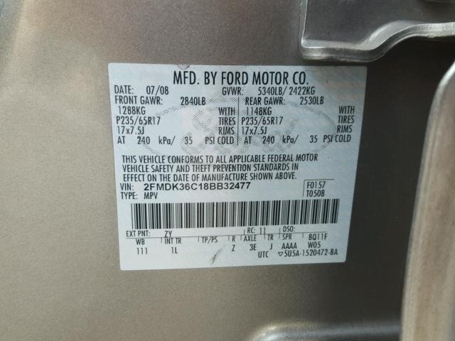 2FMDK36C18BB32477 - 2008 FORD EDGE Сріблястий фото 10