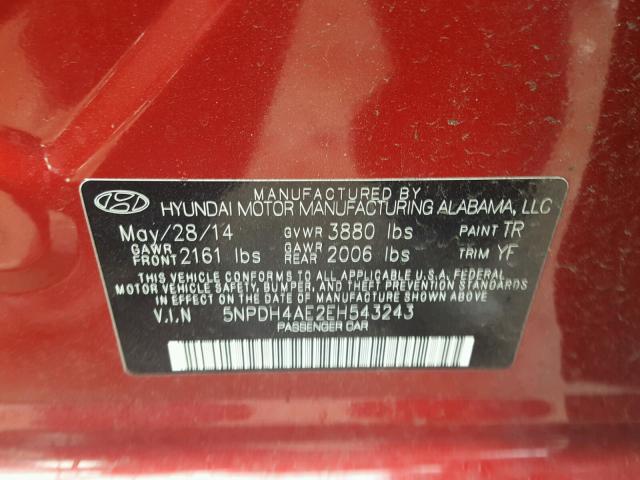 5NPDH4AE2EH543243 - 2014 HYUNDAI ELANTRA SE RED photo 10