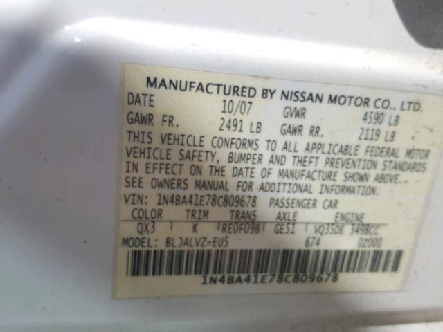 1N4BA41E78C809678 - 2008 NISSAN MAXIMA SE WHITE photo 10