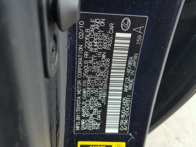 JTHBB1BA9A2029208 - 2010 LEXUS HS 250H BLUE photo 10