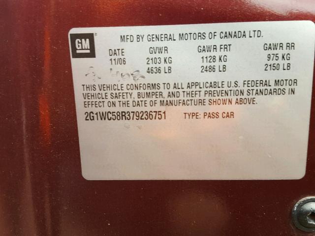 2G1WC58R379236751 - 2007 CHEVROLET IMPALA BURGUNDY photo 10