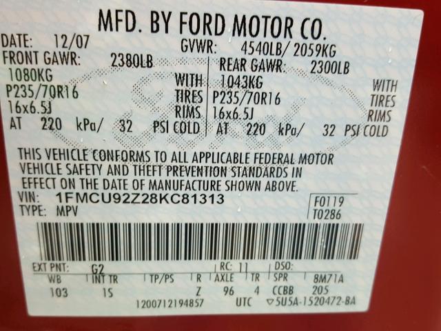 1FMCU92Z28KC81313 - 2008 FORD ESCAPE XLS RED photo 10