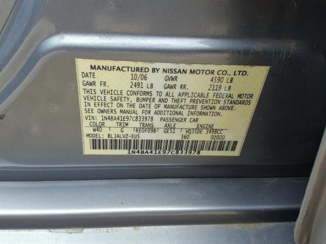 1N4BA41E97C833978 - 2007 NISSAN MAXIMA SE GRAY photo 10