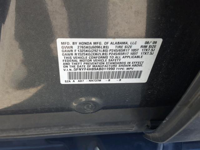 5FNYF4H89AB011990 - 2010 HONDA PILOT TOUR GRAY photo 10