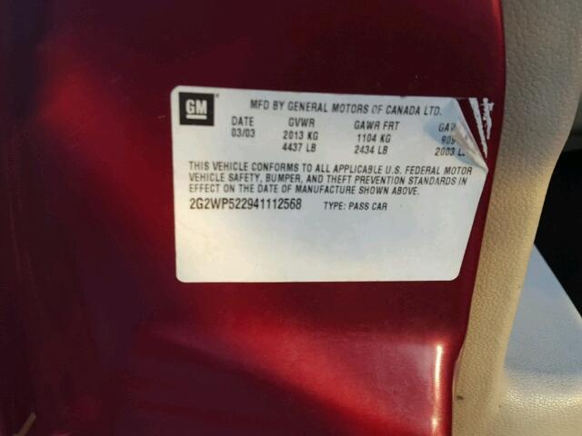 2G2WP522941112568 - 2004 PONTIAC GRAND PRIX BURGUNDY photo 10