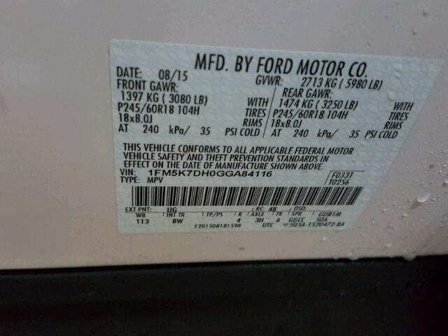 1FM5K7DH0GGA84116 - 2016 FORD EXPLORER WHITE photo 10