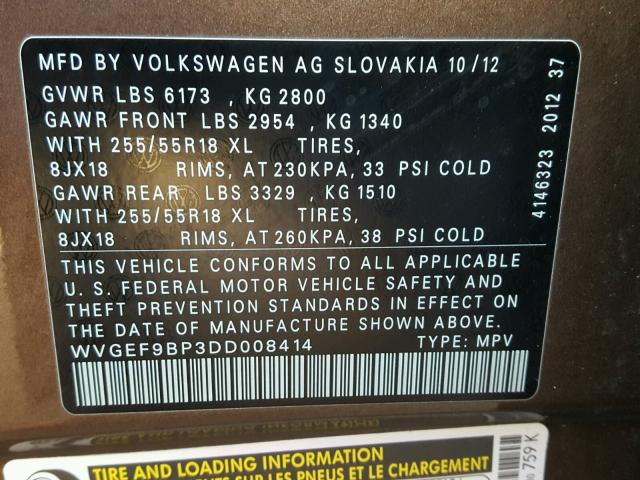 WVGEF9BP3DD008414 - 2013 VOLKSWAGEN TOUAREG V6 BROWN photo 10