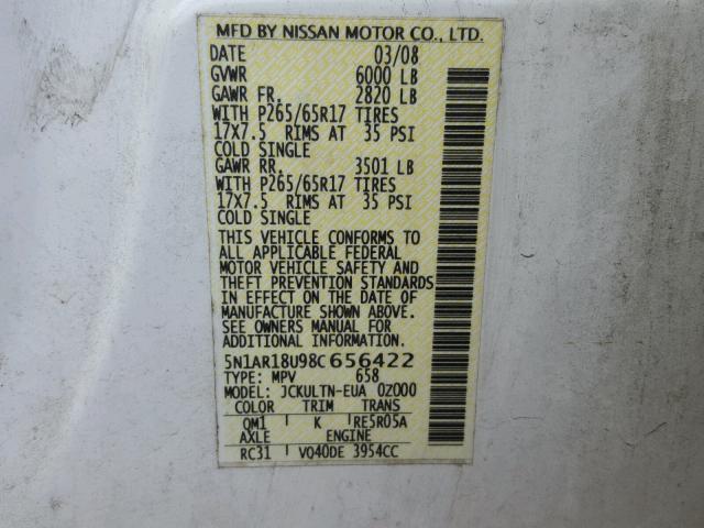 5N1AR18U98C656422 - 2008 NISSAN PATHFINDER WHITE photo 10