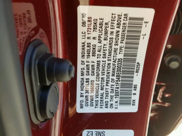 19XFA1F54BE000335 - 2011 HONDA CIVIC MAROON photo 10