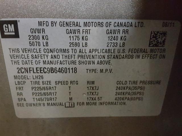 2CNFLEEC9B6460118 - 2011 CHEVROLET EQUINOX LT BROWN photo 10