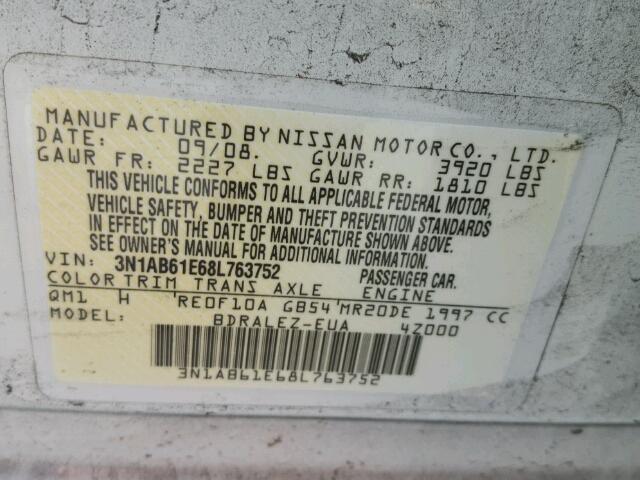 3N1AB61E68L763752 - 2008 NISSAN SENTRA 2.0 WHITE photo 10