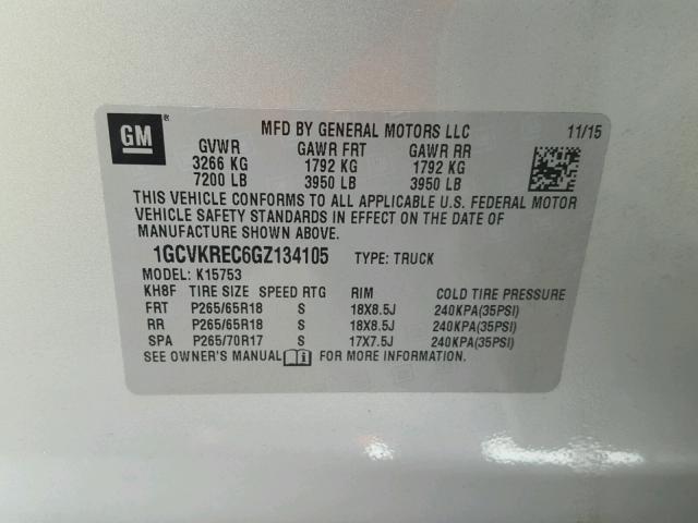 1GCVKREC6GZ134105 - 2016 CHEVROLET SILVERADO SILVER photo 10