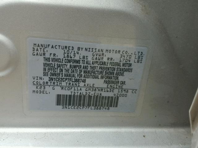 3N1CE2CP7FL388748 - 2015 NISSAN VERSA NOTE SILVER photo 10