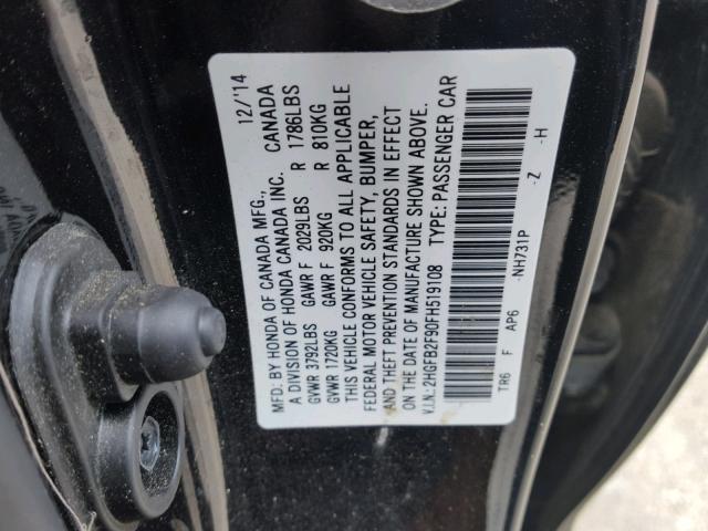 2HGFB2F90FH519108 - 2015 HONDA CIVIC EXL 黑色 照片 10