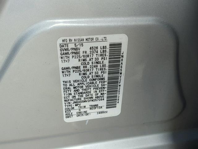 JN8AS5MV2FW257284 - 2015 NISSAN ROGUE SELE SILVER photo 10