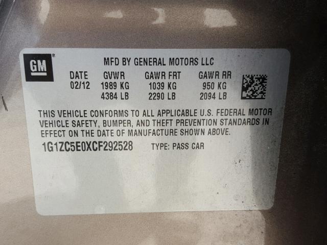 1G1ZC5E0XCF292528 - 2012 CHEVROLET MALIBU 1LT BROWN photo 10