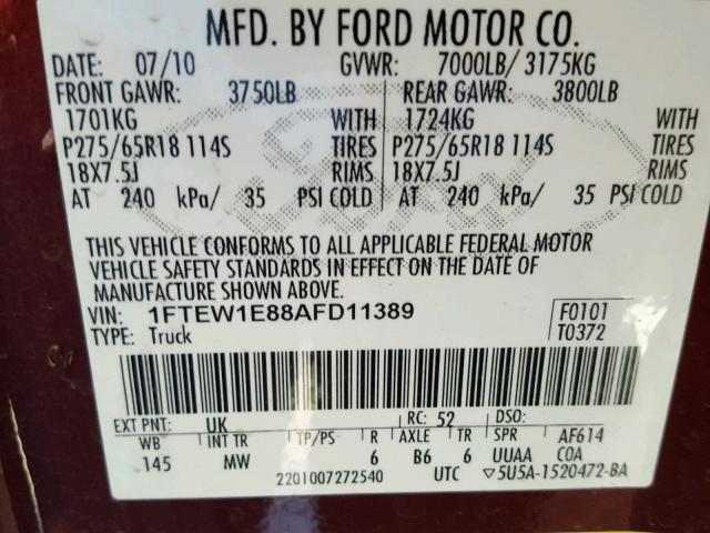 1FTEW1E88AFD11389 - 2010 FORD F150 SUPER MAROON photo 10