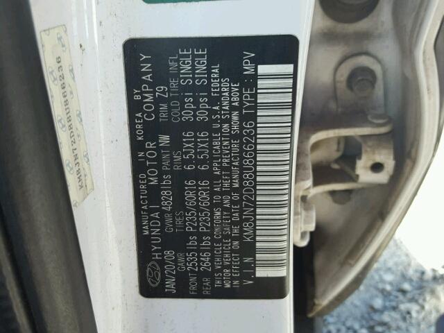 KM8JN72D88U866236 - 2008 HYUNDAI TUCSON WHITE photo 10