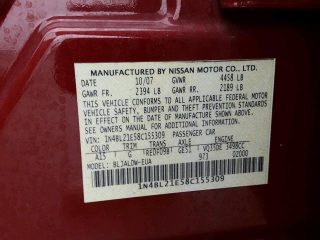 1N4BL21E58C155309 - 2008 NISSAN ALTIMA RED photo 10