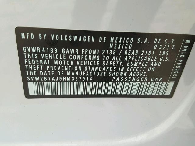 3VW2B7AJ9HM357914 - 2017 VOLKSWAGEN JETTA S 灰色 照片 10