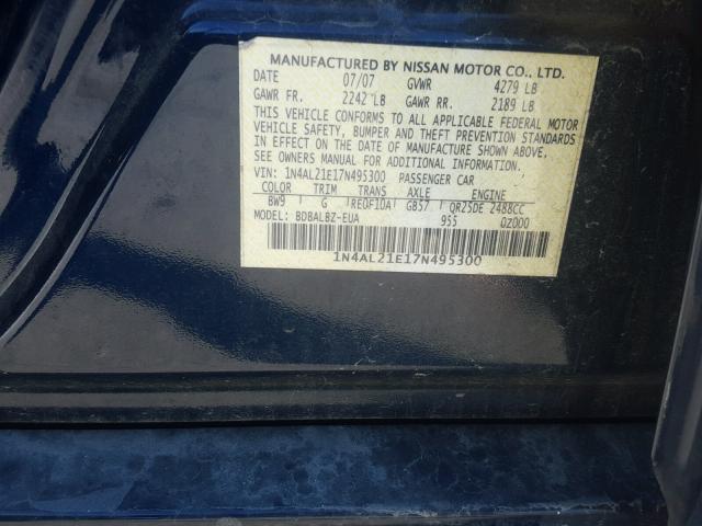 1N4AL21E17N495300 - 2007 NISSAN ALTIMA 2.5 BLUE photo 10