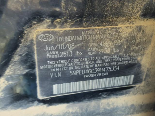 5NPEU46C39H475354 - 2009 HYUNDAI SONATA SE BLACK photo 10