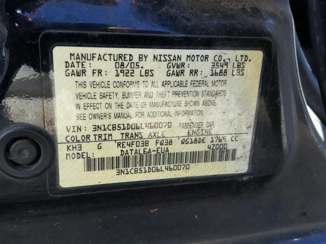 3N1CB51D06L460070 - 2006 NISSAN SENTRA BLACK photo 10