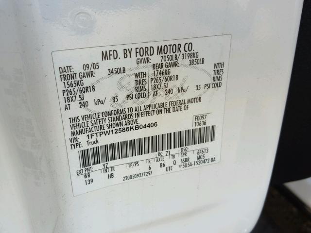 1FTPW12586KB04406 - 2006 FORD F150 SUPER WHITE photo 10