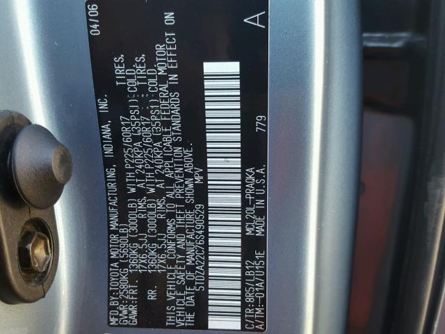 5TDZA22C76S490529 - 2006 TOYOTA SIENNA XLE GRAY photo 10