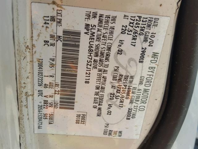 5LMEU68H75ZJ12118 - 2005 LINCOLN AVIATOR 米色 照片 10