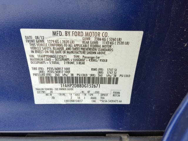 1FAHP2D88DG152671 - 2013 FORD TAURUS SE BLUE photo 10