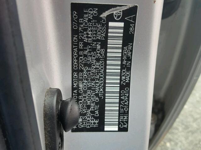 JTDKN3DU0A0031548 - 2010 TOYOTA PRIUS SILVER photo 10