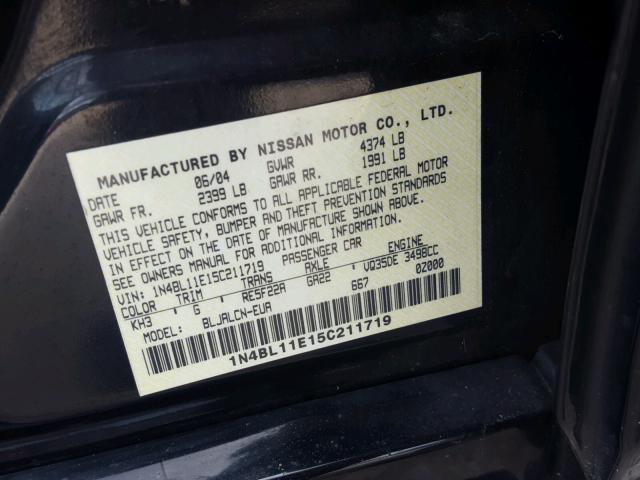 1N4BL11E15C211719 - 2005 NISSAN ALTIMA SE BLACK photo 10