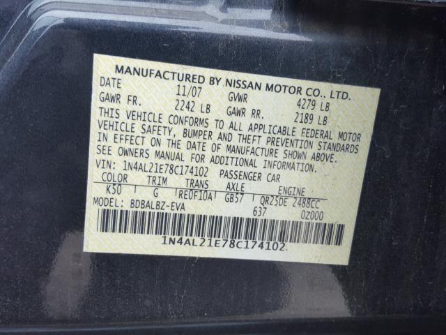 1N4AL21E78C174102 - 2008 NISSAN ALTIMA 2.5 GRAY photo 10