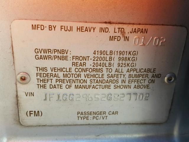 JF1GG29652G827702 - 2002 SUBARU IMPREZA WR SILVER photo 10