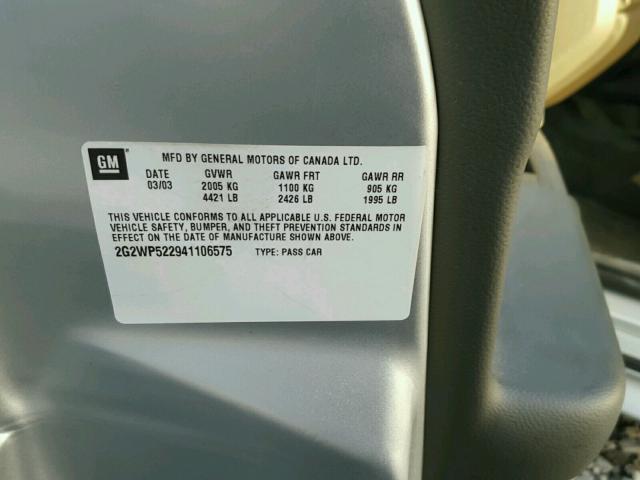 2G2WP522941106575 - 2004 PONTIAC GRAND PRIX SILVER photo 10