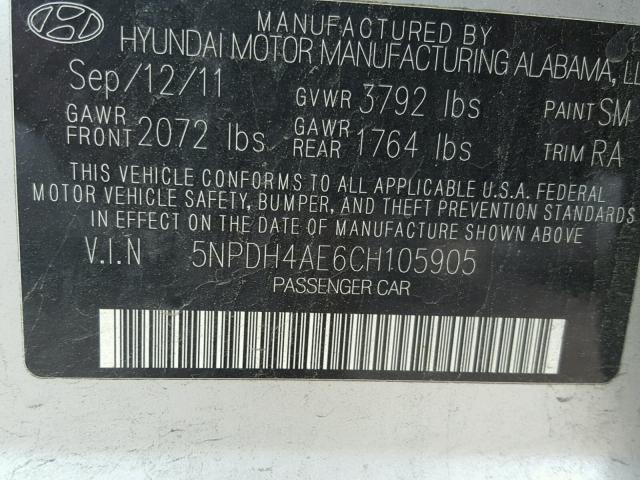 5NPDH4AE6CH105905 - 2012 HYUNDAI ELANTRA SILVER photo 10