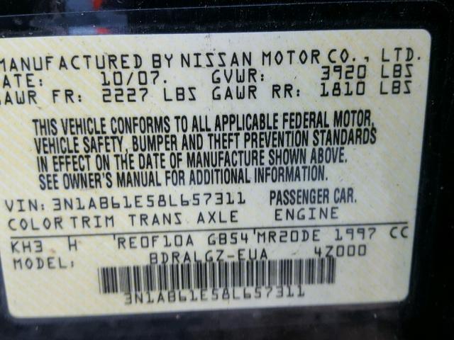 3N1AB61E58L657311 - 2008 NISSAN SENTRA BLACK photo 10