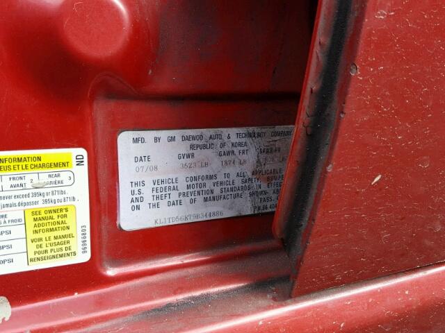 KL1TD56E79B344886 - 2009 CHEVROLET AVEO LS RED photo 10