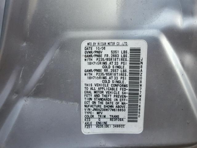 JN8AZ08W77W616650 - 2007 NISSAN MURANO SL SILVER photo 10